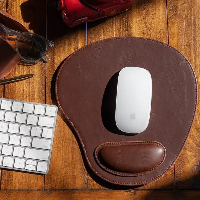 Alt view image 5 of 7 - PU Leather Oval Shape Non-Slip Mousepad with Wrist Rest Support, Waterproof Surface, Comfort Memory Foam, Light Ergonomic Design Mouse Pad for Laptop, Desktop