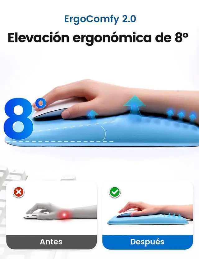 Alt view image 2 of 7 - Ergonomic Mouse Pad with Wrist Rest Memory Foam Mouse Pad with Wrist Support & Massage Bulge, Non-Slip PU Base, Relieves Carpal Tunnel Pain Ideal Mouse Wrist Rest for Office & Home (Blue)