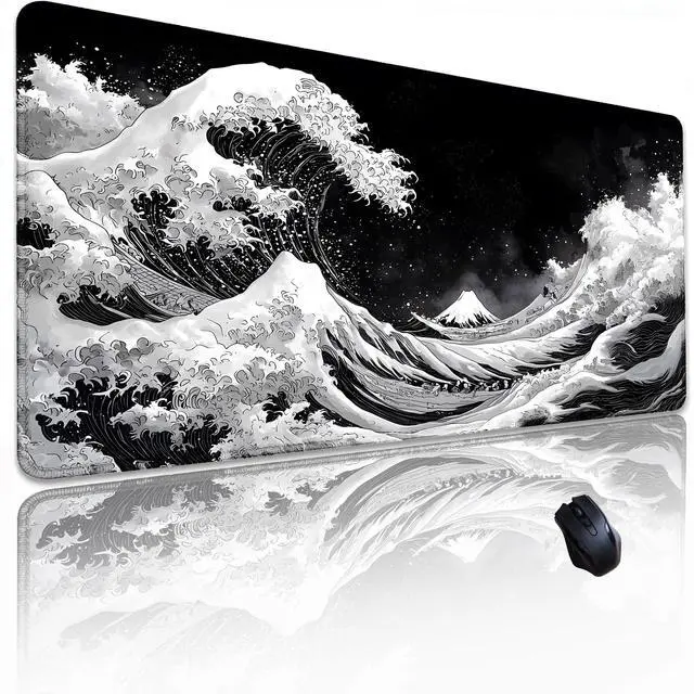 Main image of Black and White Mouse pad, Kanagawa Surfing Desk mat, Large Japanese sea Wave Mouse pad with Sewn Edges Microwoven Fabric, Easy to Clean, Suitable for Laptop Gaming (31.5"x11.8"in)