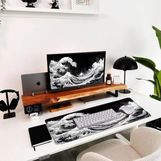 Alt view image 2 of 6 - Black and White Mouse pad, Kanagawa Surfing Desk mat, Large Japanese sea Wave Mouse pad with Sewn Edges Microwoven Fabric, Easy to Clean, Suitable for Laptop Gaming (31.5"x11.8"in)
