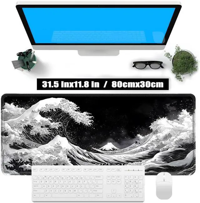 Alt view image 3 of 6 - Black and White Mouse pad, Kanagawa Surfing Desk mat, Large Japanese sea Wave Mouse pad with Sewn Edges Microwoven Fabric, Easy to Clean, Suitable for Laptop Gaming (31.5"x11.8"in)