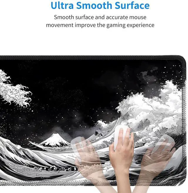 Alt view image 5 of 6 - Black and White Mouse pad, Kanagawa Surfing Desk mat, Large Japanese sea Wave Mouse pad with Sewn Edges Microwoven Fabric, Easy to Clean, Suitable for Laptop Gaming (31.5"x11.8"in)