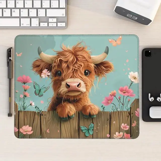 Main image of Highland Cow Mouse Pad Desk Mat Washable Cute with Floral & Butterfly Design Non-Slip Rubber Base Stitched Edges 9.5 x 7.9 Inches Office Gift for Women Computers Laptop Desk Accessories
