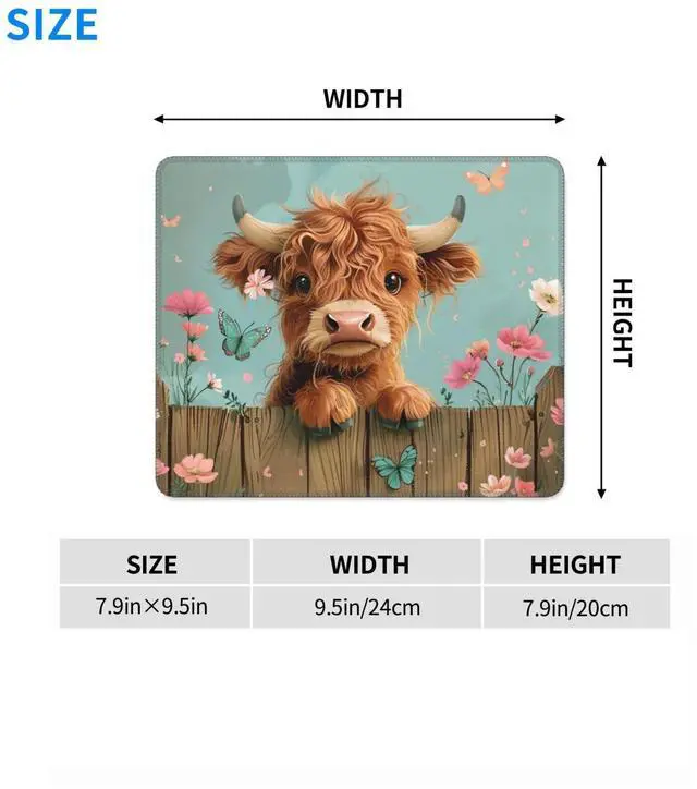 Alt view image 2 of 7 - Highland Cow Mouse Pad Desk Mat Washable Cute with Floral & Butterfly Design Non-Slip Rubber Base Stitched Edges 9.5 x 7.9 Inches Office Gift for Women Computers Laptop Desk Accessories