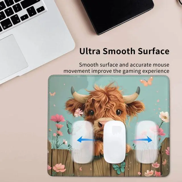 Alt view image 3 of 7 - Highland Cow Mouse Pad Desk Mat Washable Cute with Floral & Butterfly Design Non-Slip Rubber Base Stitched Edges 9.5 x 7.9 Inches Office Gift for Women Computers Laptop Desk Accessories