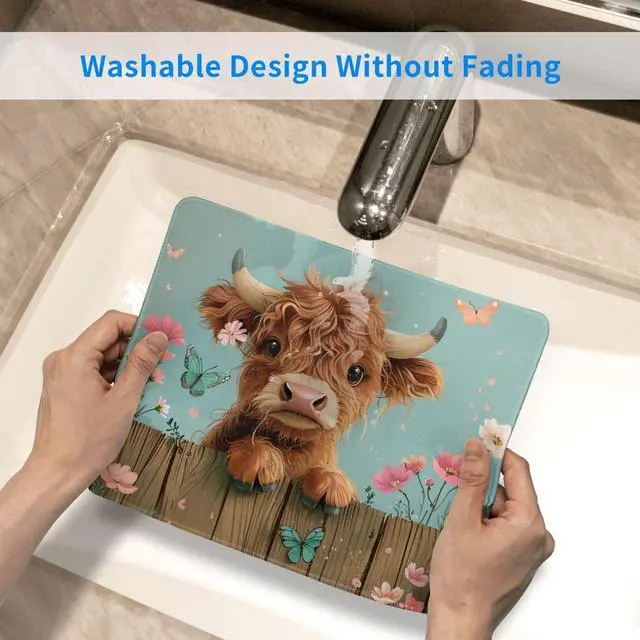 Alt view image 4 of 7 - Highland Cow Mouse Pad Desk Mat Washable Cute with Floral & Butterfly Design Non-Slip Rubber Base Stitched Edges 9.5 x 7.9 Inches Office Gift for Women Computers Laptop Desk Accessories