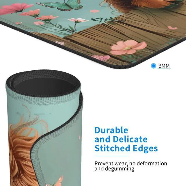 Alt view image 6 of 7 - Highland Cow Mouse Pad Desk Mat Washable Cute with Floral & Butterfly Design Non-Slip Rubber Base Stitched Edges 9.5 x 7.9 Inches Office Gift for Women Computers Laptop Desk Accessories