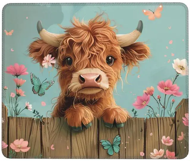 Alt view image 7 of 7 - Highland Cow Mouse Pad Desk Mat Washable Cute with Floral & Butterfly Design Non-Slip Rubber Base Stitched Edges 9.5 x 7.9 Inches Office Gift for Women Computers Laptop Desk Accessories