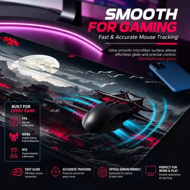 Alt view image 4 of 7 - Anime Mouse Pad, 31.5 x 11.8" Large Mouse Pad for Desk, Expanded Black Gaming Mousepad with Stitched Edges, Non-Slip Japanese Dark Moon Keyboard Mat for Gaming Home Office