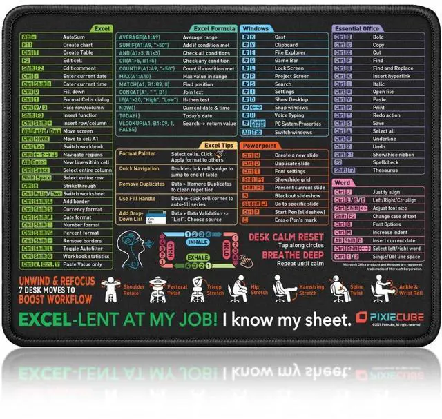 Main image of Excel Shortcut Mouse Pad with Windows, Word & PowerPoint Shortcuts - Small Excel Cheat Sheet Desk Pad | Non-Slip Stitched Gaming Mousepad | Large Mouse Pads for Desk Computers & Workstations