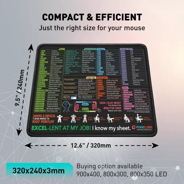 Alt view image 2 of 6 - Excel Shortcut Mouse Pad with Windows, Word & PowerPoint Shortcuts - Small Excel Cheat Sheet Desk Pad | Non-Slip Stitched Gaming Mousepad | Large Mouse Pads for Desk Computers & Workstations