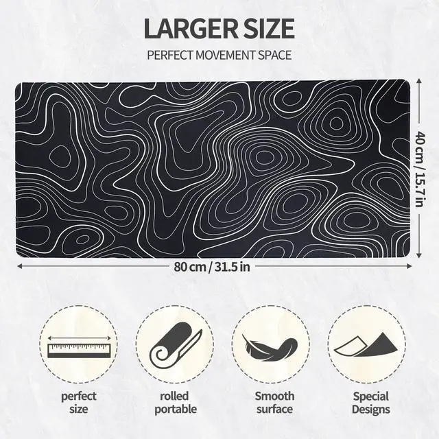 Alt view image 2 of 6 - XL Topographic Mouse Pad Long Desk Mat, Black Mouse Keyboard Pad, Desk Pad, Large Gaming Mouse Mat Non-Slip Rubber (31.5 x 15.7 x 0.12 Inches)