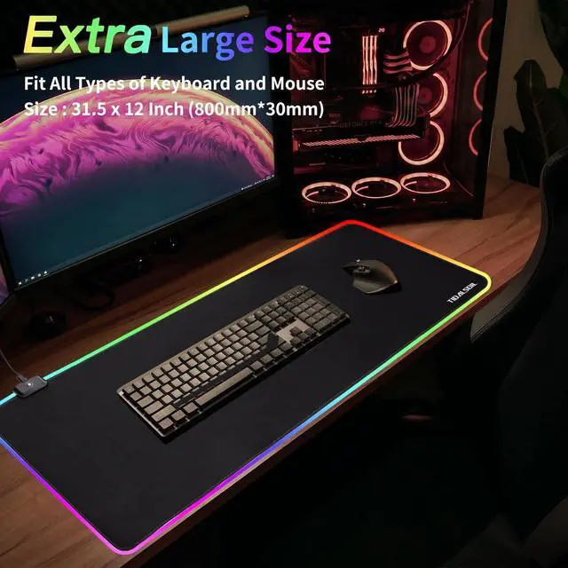 Alt view image 4 of 6 - RGB Gaming Mouse Pad, 31.5 x 11.8 Inch Oversized Mouse Mat with 12 Light Modes, Non-Slip Rubber Base, Large Keyboard Pad for PC Gaming, Office, Black