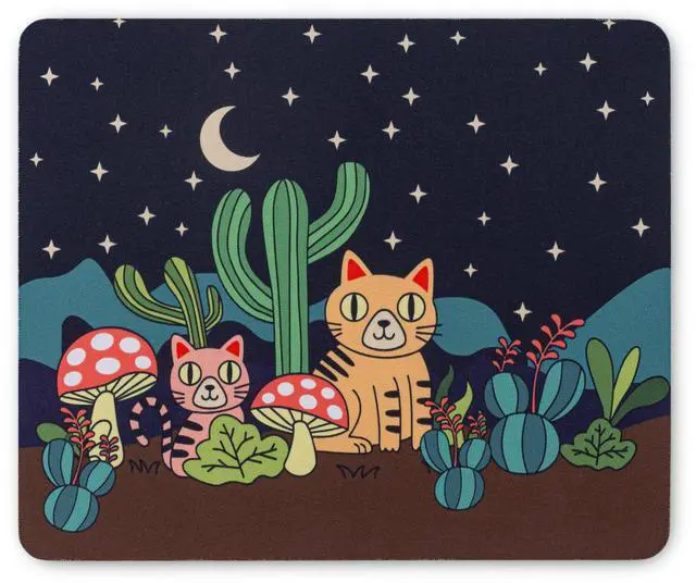 Main image of Small Mouse Pad with Cute Desert Cats Design | Black Mouse Pad with Cats, Desert Plants, Mushroom and Cactus under Starry Night Sky | Smooth Fabric Surface, Non-Slip Rubber Base (Desert Cats, Small)