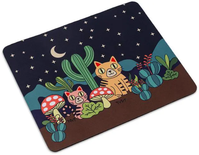 Alt view image 2 of 6 - Small Mouse Pad with Cute Desert Cats Design | Black Mouse Pad with Cats, Desert Plants, Mushroom and Cactus under Starry Night Sky | Smooth Fabric Surface, Non-Slip Rubber Base (Desert Cats, Small)