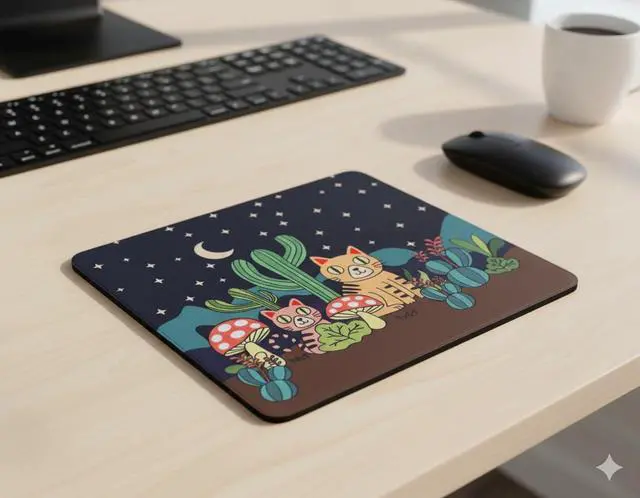 Alt view image 4 of 6 - Small Mouse Pad with Cute Desert Cats Design | Black Mouse Pad with Cats, Desert Plants, Mushroom and Cactus under Starry Night Sky | Smooth Fabric Surface, Non-Slip Rubber Base (Desert Cats, Small)