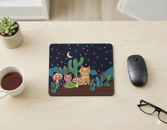 Alt view image 5 of 6 - Small Mouse Pad with Cute Desert Cats Design | Black Mouse Pad with Cats, Desert Plants, Mushroom and Cactus under Starry Night Sky | Smooth Fabric Surface, Non-Slip Rubber Base (Desert Cats, Small)