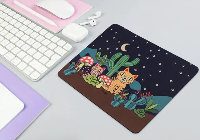 Alt view image 3 of 6 - Small Mouse Pad with Cute Desert Cats Design | Black Mouse Pad with Cats, Desert Plants, Mushroom and Cactus under Starry Night Sky | Smooth Fabric Surface, Non-Slip Rubber Base (Desert Cats, Small)