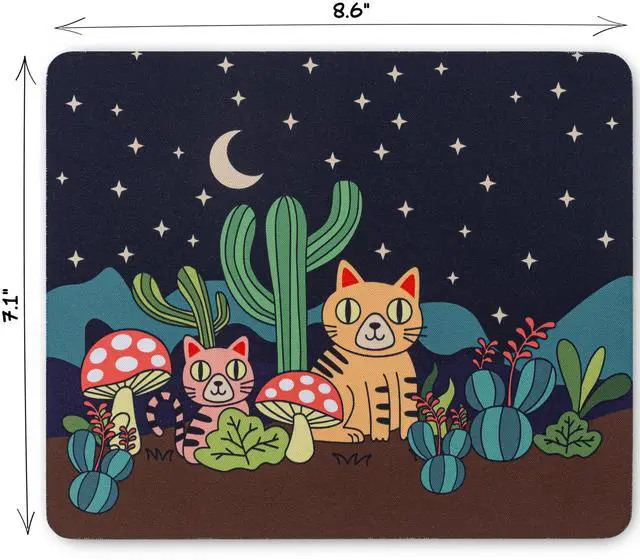 Alt view image 6 of 6 - Small Mouse Pad with Cute Desert Cats Design | Black Mouse Pad with Cats, Desert Plants, Mushroom and Cactus under Starry Night Sky | Smooth Fabric Surface, Non-Slip Rubber Base (Desert Cats, Small)