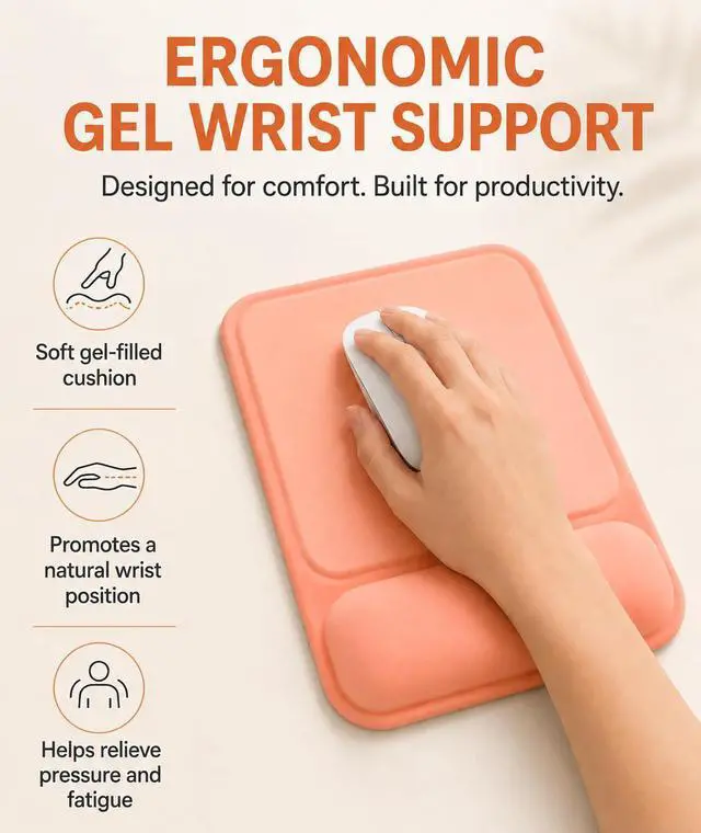 Alt view image 2 of 7 - Ergonomic Mouse Pad with Wrist Rest, Gel Mousepad with Soft Wrist Support, Non-Slip PU Base, Smooth Surface Mouse Pad for Wrist Pain Relief, Computer Laptop Office Home & Gaming (Orange)