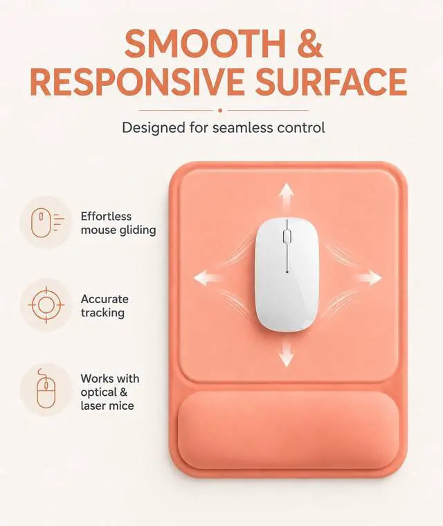 Alt view image 3 of 7 - Ergonomic Mouse Pad with Wrist Rest, Gel Mousepad with Soft Wrist Support, Non-Slip PU Base, Smooth Surface Mouse Pad for Wrist Pain Relief, Computer Laptop Office Home & Gaming (Orange)