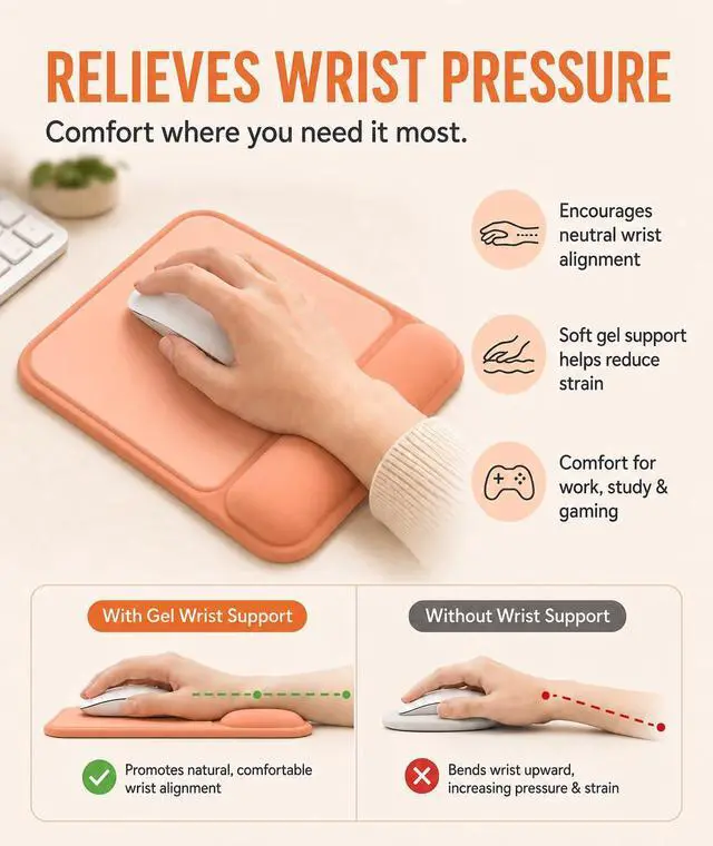 Alt view image 4 of 7 - Ergonomic Mouse Pad with Wrist Rest, Gel Mousepad with Soft Wrist Support, Non-Slip PU Base, Smooth Surface Mouse Pad for Wrist Pain Relief, Computer Laptop Office Home & Gaming (Orange)