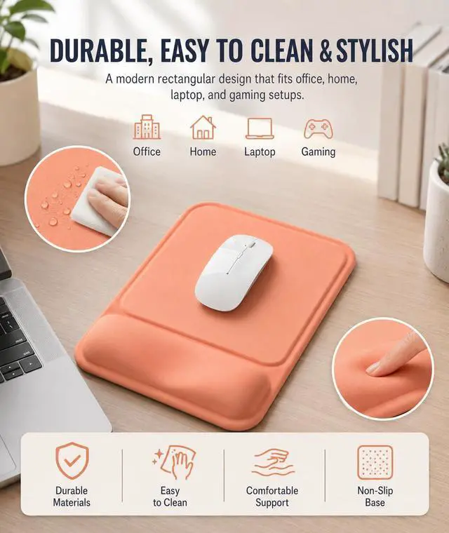 Alt view image 5 of 7 - Ergonomic Mouse Pad with Wrist Rest, Gel Mousepad with Soft Wrist Support, Non-Slip PU Base, Smooth Surface Mouse Pad for Wrist Pain Relief, Computer Laptop Office Home & Gaming (Orange)