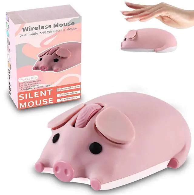 Main image of Wireless Mouse Dual Mode Bluetooth 5.1/2.4G USB Lovely Cute Animal Pig Shaped Mice 1200DPI Portable Cordless Mute Ergonomic Mouse for Laptop PC iPad Windows/iOS/Android Children Kids Gift (Pink)