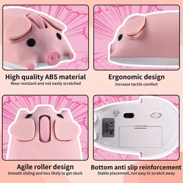 Alt view image 6 of 7 - Wireless Mouse Dual Mode Bluetooth 5.1/2.4G USB Lovely Cute Animal Pig Shaped Mice 1200DPI Portable Cordless Mute Ergonomic Mouse for Laptop PC iPad Windows/iOS/Android Children Kids Gift (Pink)