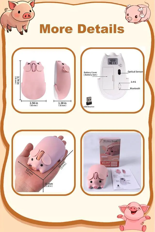 Alt view image 7 of 7 - Wireless Mouse Dual Mode Bluetooth 5.1/2.4G USB Lovely Cute Animal Pig Shaped Mice 1200DPI Portable Cordless Mute Ergonomic Mouse for Laptop PC iPad Windows/iOS/Android Children Kids Gift (Pink)