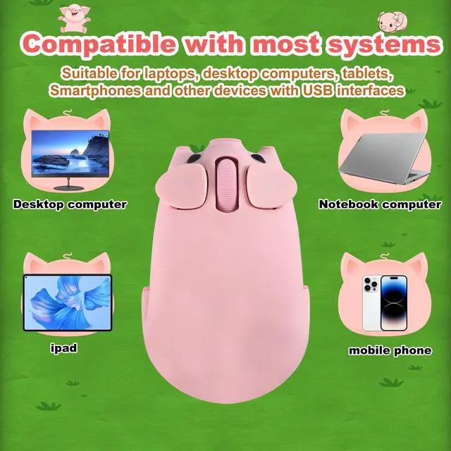 Alt view image 4 of 7 - Wireless Mouse Dual Mode Bluetooth 5.1/2.4G USB Lovely Cute Animal Pig Shaped Mice 1200DPI Portable Cordless Mute Ergonomic Mouse for Laptop PC iPad Windows/iOS/Android Children Kids Gift (Pink)