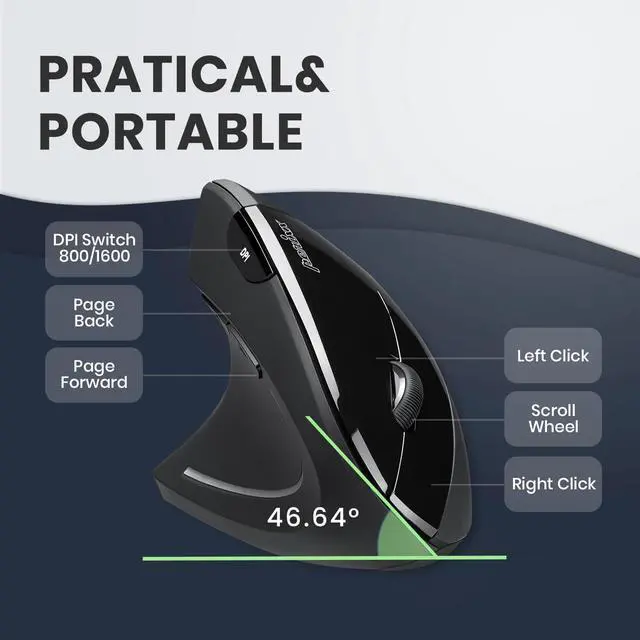 Alt view image 3 of 6 - PERIMICE-713L, Wireless Ergonomic Left Handed Vertical Mouse, 6 Buttons Design, 3 Level DPI, Black, Medium