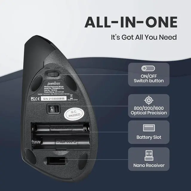 Alt view image 4 of 6 - PERIMICE-713L, Wireless Ergonomic Left Handed Vertical Mouse, 6 Buttons Design, 3 Level DPI, Black, Medium