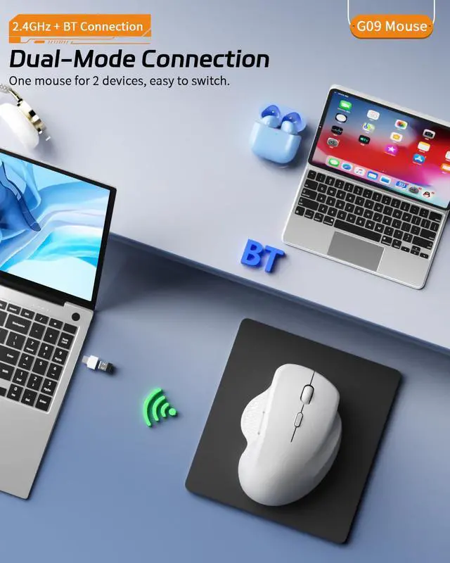 Alt view image 3 of 7 - G09 Bluetooth Wireless Mouse, BT5.1 & 2.4Ghz Rechargeable Computer Mouse with USB Receiver and Type C Adapter, Ergonomic Bluetooth Mice for Laptop, iPad, Mac - White