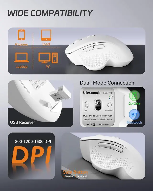Alt view image 5 of 7 - G09 Bluetooth Wireless Mouse, BT5.1 & 2.4Ghz Rechargeable Computer Mouse with USB Receiver and Type C Adapter, Ergonomic Bluetooth Mice for Laptop, iPad, Mac - White