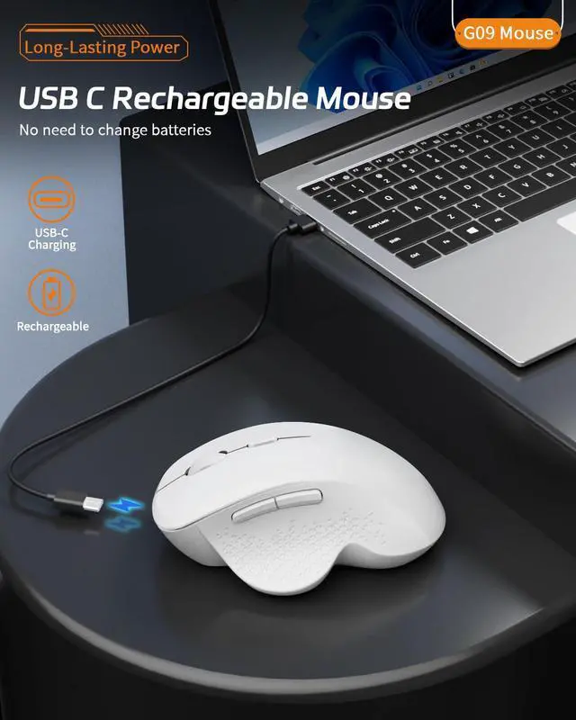 Alt view image 2 of 7 - G09 Bluetooth Wireless Mouse, BT5.1 & 2.4Ghz Rechargeable Computer Mouse with USB Receiver and Type C Adapter, Ergonomic Bluetooth Mice for Laptop, iPad, Mac - White