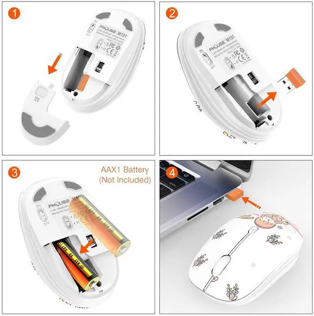Alt view image 4 of 7 - Cute Wireless Mouse Dual Mode with 2.4GHz USB Receiver and Bluetooth Connection for Laptop, iPad, Mac, AA Battery Silent Cartoon Cordless Mice for Kids and Students (Rabbit & Girl)