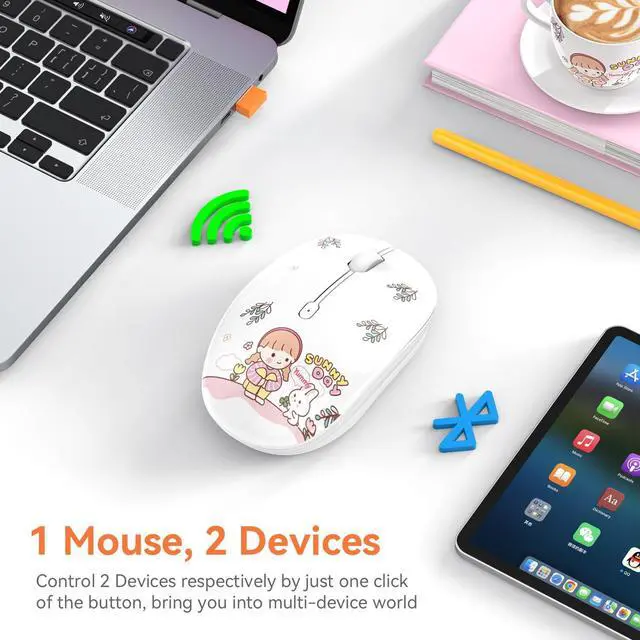 Alt view image 2 of 7 - Cute Wireless Mouse Dual Mode with 2.4GHz USB Receiver and Bluetooth Connection for Laptop, iPad, Mac, AA Battery Silent Cartoon Cordless Mice for Kids and Students (Rabbit & Girl)
