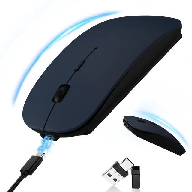 Main image of Rechargeable Bluetooth Wireless Mouse with Jiggler, Silent Slim Mouse for MacBook, iPad, Laptop & PC, USB-C/USB-A Dual Receiver, BT5.2 & 2.4G Portable Optical Mouse with Adjustable DPI - Blue