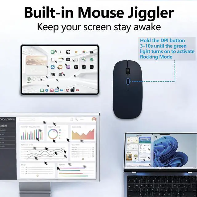 Alt view image 4 of 7 - Rechargeable Bluetooth Wireless Mouse with Jiggler, Silent Slim Mouse for MacBook, iPad, Laptop & PC, USB-C/USB-A Dual Receiver, BT5.2 & 2.4G Portable Optical Mouse with Adjustable DPI - Blue