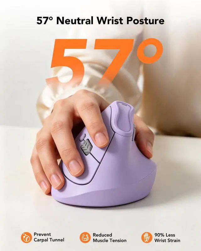 Alt view image 2 of 6 - Ergonomic Mouse Wireless, Bluetooth Vertical Mouse, 5-Level Adjustable DPI, 2.4G Silent Switch Mice for Windows, MacOS, IPadOS, Laptop, PC, Purple