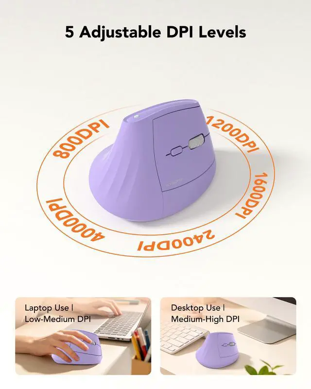 Alt view image 4 of 6 - Ergonomic Mouse Wireless, Bluetooth Vertical Mouse, 5-Level Adjustable DPI, 2.4G Silent Switch Mice for Windows, MacOS, IPadOS, Laptop, PC, Purple