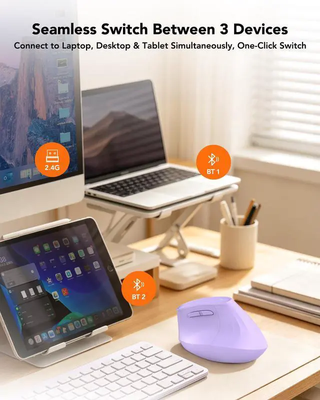 Alt view image 5 of 6 - Ergonomic Mouse Wireless, Bluetooth Vertical Mouse, 5-Level Adjustable DPI, 2.4G Silent Switch Mice for Windows, MacOS, IPadOS, Laptop, PC, Purple