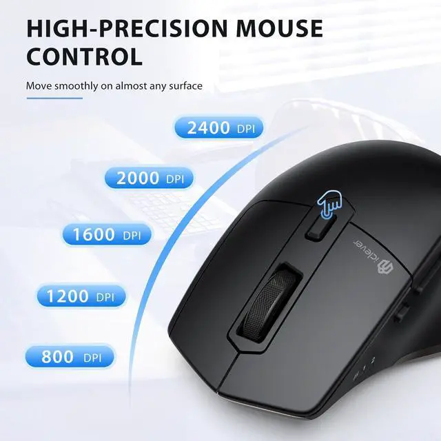 Alt view image 4 of 7 - Wireless Mouse with Bluetooth or USB Receiver, 5 Adjustable 2400DPI Rechargeable Computer Mice, Wireless Mouse for Laptop, iPad, MacBook, Tablet, PC