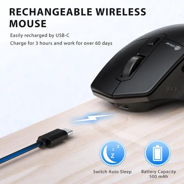 Alt view image 6 of 7 - Wireless Mouse with Bluetooth or USB Receiver, 5 Adjustable 2400DPI Rechargeable Computer Mice, Wireless Mouse for Laptop, iPad, MacBook, Tablet, PC