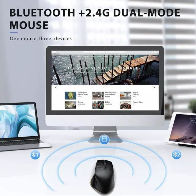 Alt view image 2 of 7 - Wireless Mouse with Bluetooth or USB Receiver, 5 Adjustable 2400DPI Rechargeable Computer Mice, Wireless Mouse for Laptop, iPad, MacBook, Tablet, PC