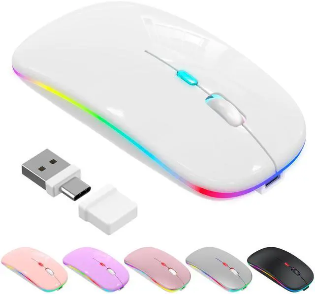 Main image of LED Bluetooth Wireless Mouse for MacBook Air Mac Pro Laptop Computer iPad, Rechargeable Silent Light-Up Mouse Jiggler Optical Dual Mode BT5.2 & USB-A/USB-C for Students, Kids, Girls, Boys - White
