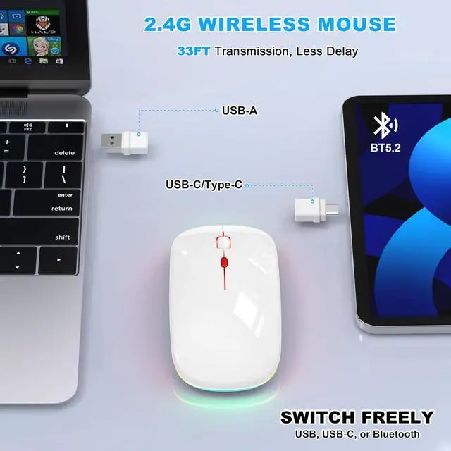 Alt view image 3 of 7 - LED Bluetooth Wireless Mouse for MacBook Air Mac Pro Laptop Computer iPad, Rechargeable Silent Light-Up Mouse Jiggler Optical Dual Mode BT5.2 & USB-A/USB-C for Students, Kids, Girls, Boys - White