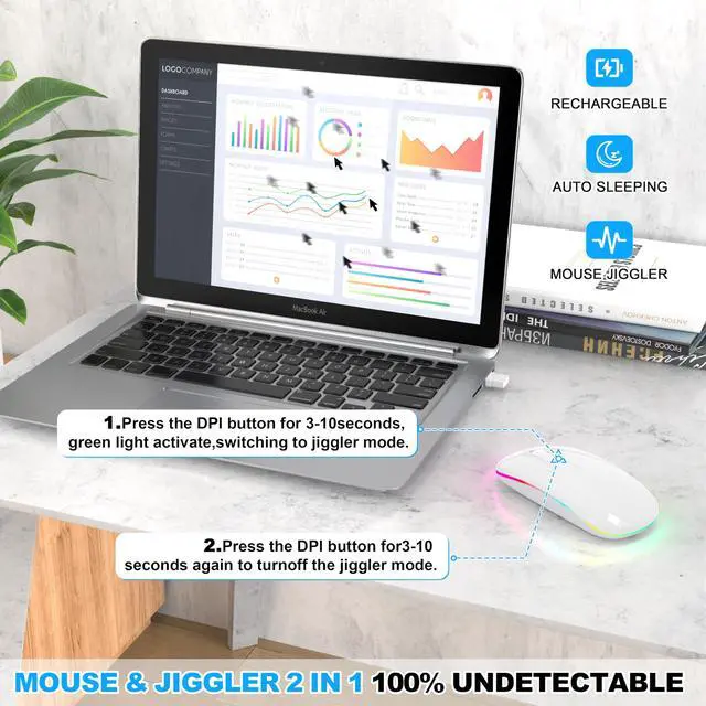 Alt view image 4 of 7 - LED Bluetooth Wireless Mouse for MacBook Air Mac Pro Laptop Computer iPad, Rechargeable Silent Light-Up Mouse Jiggler Optical Dual Mode BT5.2 & USB-A/USB-C for Students, Kids, Girls, Boys - White