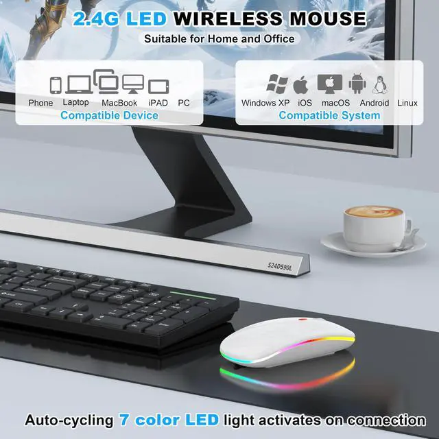 Alt view image 5 of 7 - LED Bluetooth Wireless Mouse for MacBook Air Mac Pro Laptop Computer iPad, Rechargeable Silent Light-Up Mouse Jiggler Optical Dual Mode BT5.2 & USB-A/USB-C for Students, Kids, Girls, Boys - White